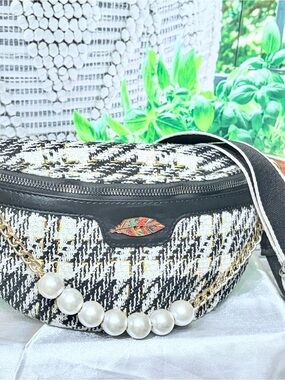 Boutique 9 Black and White Tweed Crossbody with Pearl Chain